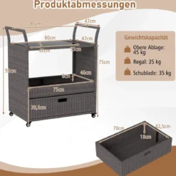 Outdoor Rattan-Barwagen rollbarer Bartresen mit gehärteter Glasplatte offenes Ablagefach Braun
