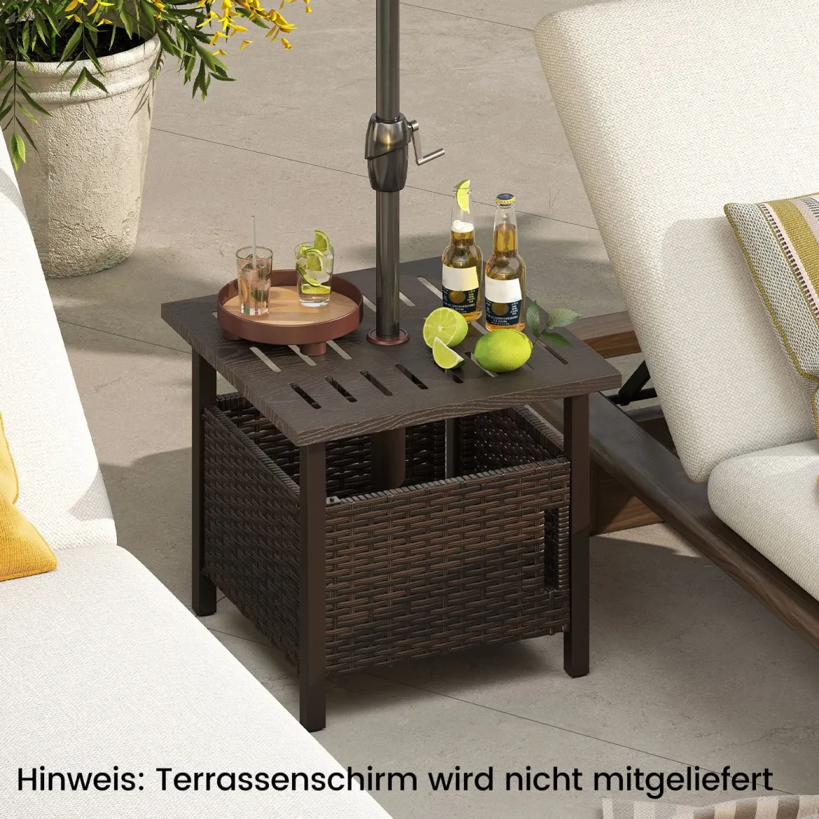 Outdoor Rattan Beistelltisch Wetterfester Gartentisch mit Schirmloch kleiner Balkontisch