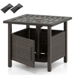 Outdoor Rattan Beistelltisch Wetterfester Gartentisch mit Schirmloch kleiner Balkontisch