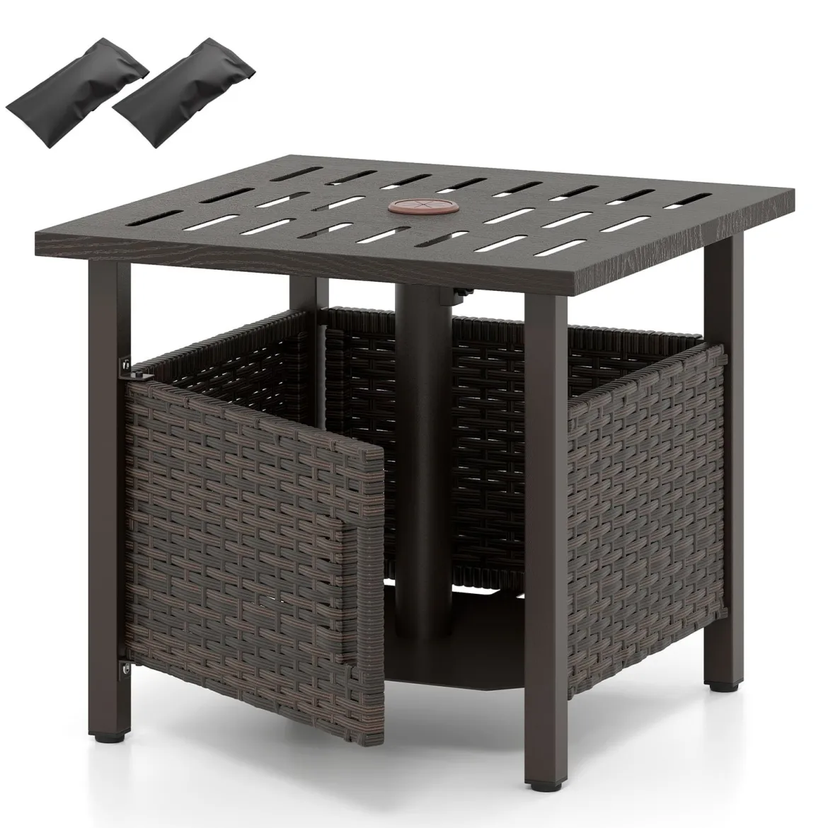 Outdoor Rattan Beistelltisch Wetterfester Gartentisch mit Schirmloch kleiner Balkontisch