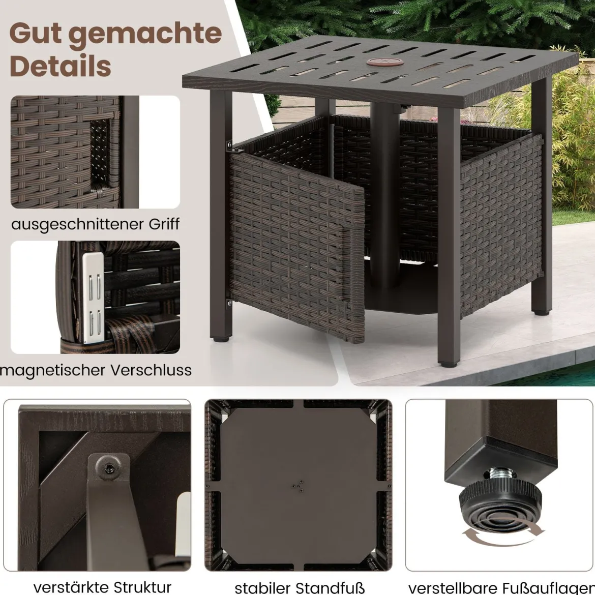 Outdoor Rattan Beistelltisch Wetterfester Gartentisch mit Schirmloch kleiner Balkontisch