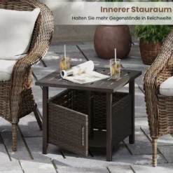 Outdoor Rattan Beistelltisch Wetterfester Gartentisch mit Schirmloch kleiner Balkontisch