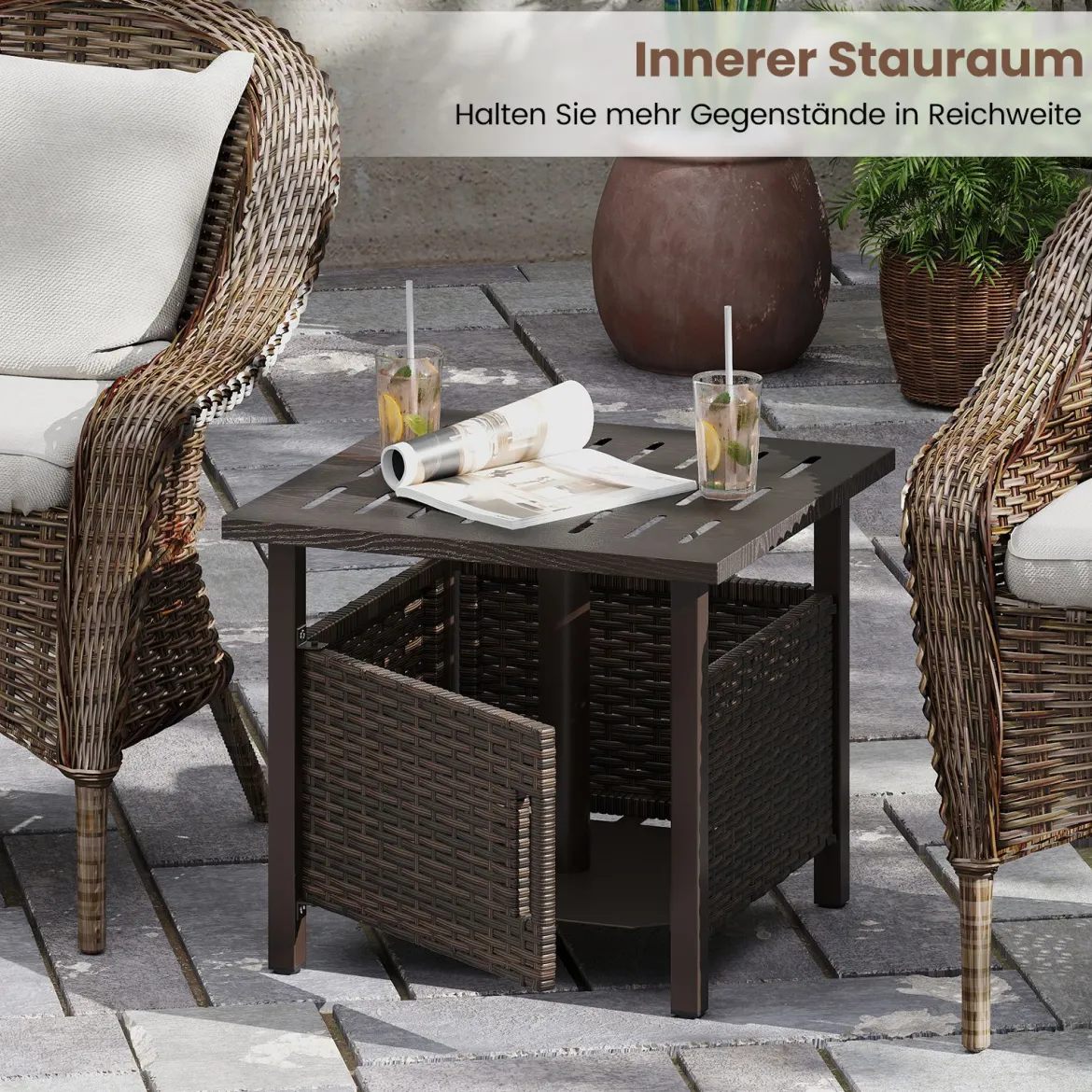 Outdoor Rattan Beistelltisch Wetterfester Gartentisch mit Schirmloch kleiner Balkontisch