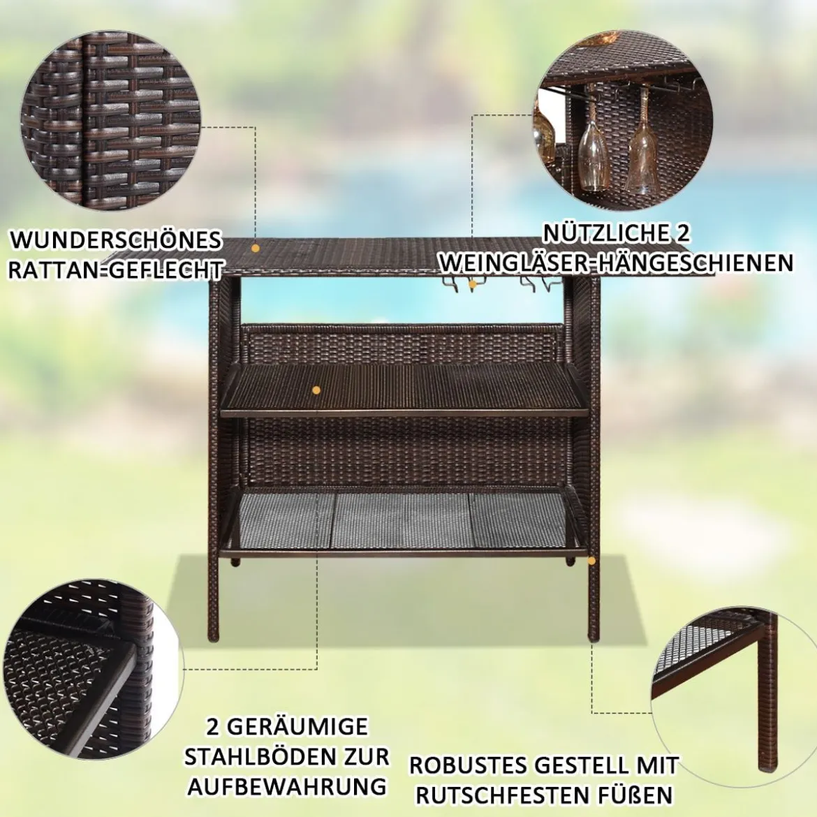 Outdoor Rattan-Theke mit 2 Ablageflächen Polyrattan Gartenbar 140 x 47 x 92 cm Braun