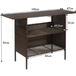 Outdoor Rattan-Theke mit 2 Ablageflächen Polyrattan Gartenbar 140 x 47 x 92 cm Braun