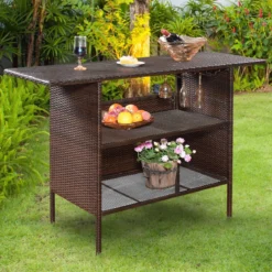 Outdoor Rattan-Theke mit 2 Ablageflächen Polyrattan Gartenbar 140 x 47 x 92 cm Braun