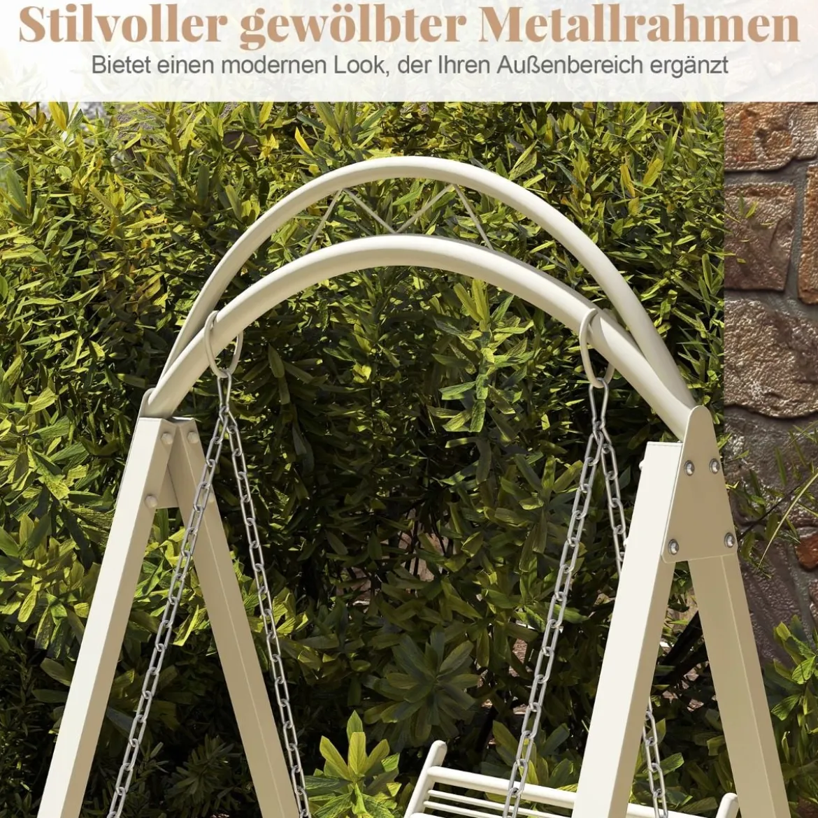 Outdoor-Schaukel mit Gestell Terrassenschaukel mit Kissen & Seitentischen für Garten Weiß