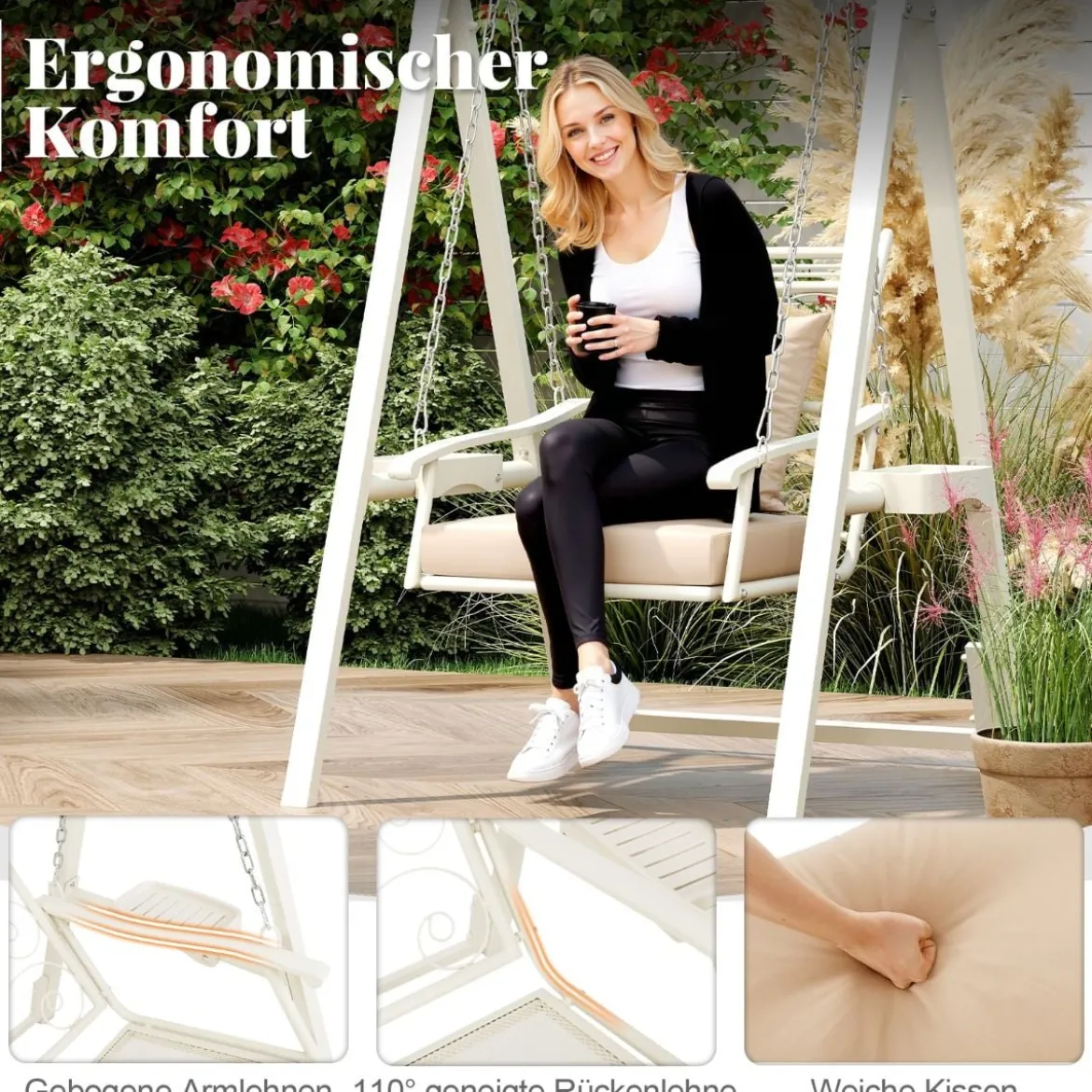 Outdoor-Schaukel mit Gestell Terrassenschaukel mit Kissen & Seitentischen für Garten Weiß