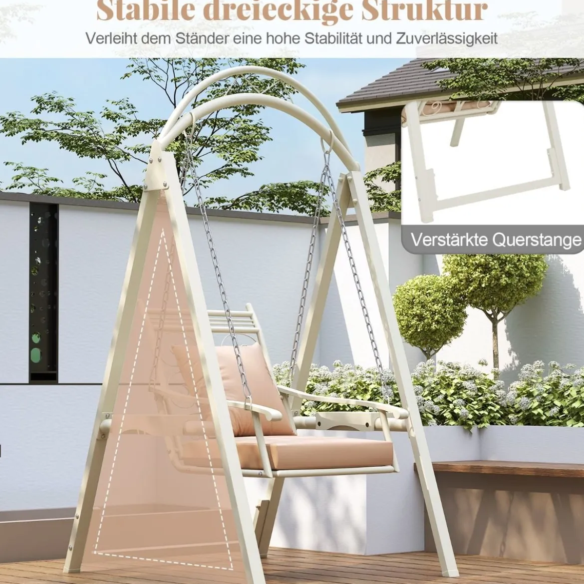 Outdoor-Schaukel mit Gestell Terrassenschaukel mit Kissen & Seitentischen für Garten Weiß