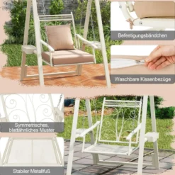 Outdoor-Schaukel mit Gestell Terrassenschaukel mit Kissen & Seitentischen für Garten Weiß