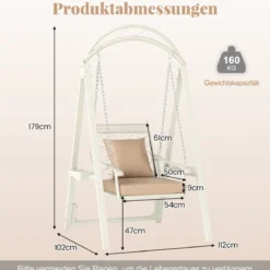 Outdoor-Schaukel mit Gestell Terrassenschaukel mit Kissen & Seitentischen für Garten Weiß