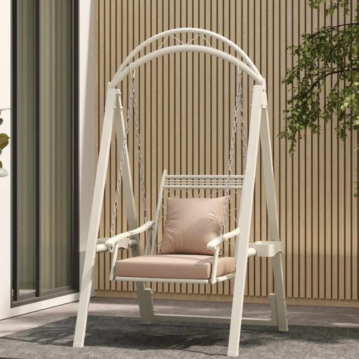 Outdoor-Schaukel mit Gestell Terrassenschaukel mit Kissen & Seitentischen für Garten Weiß