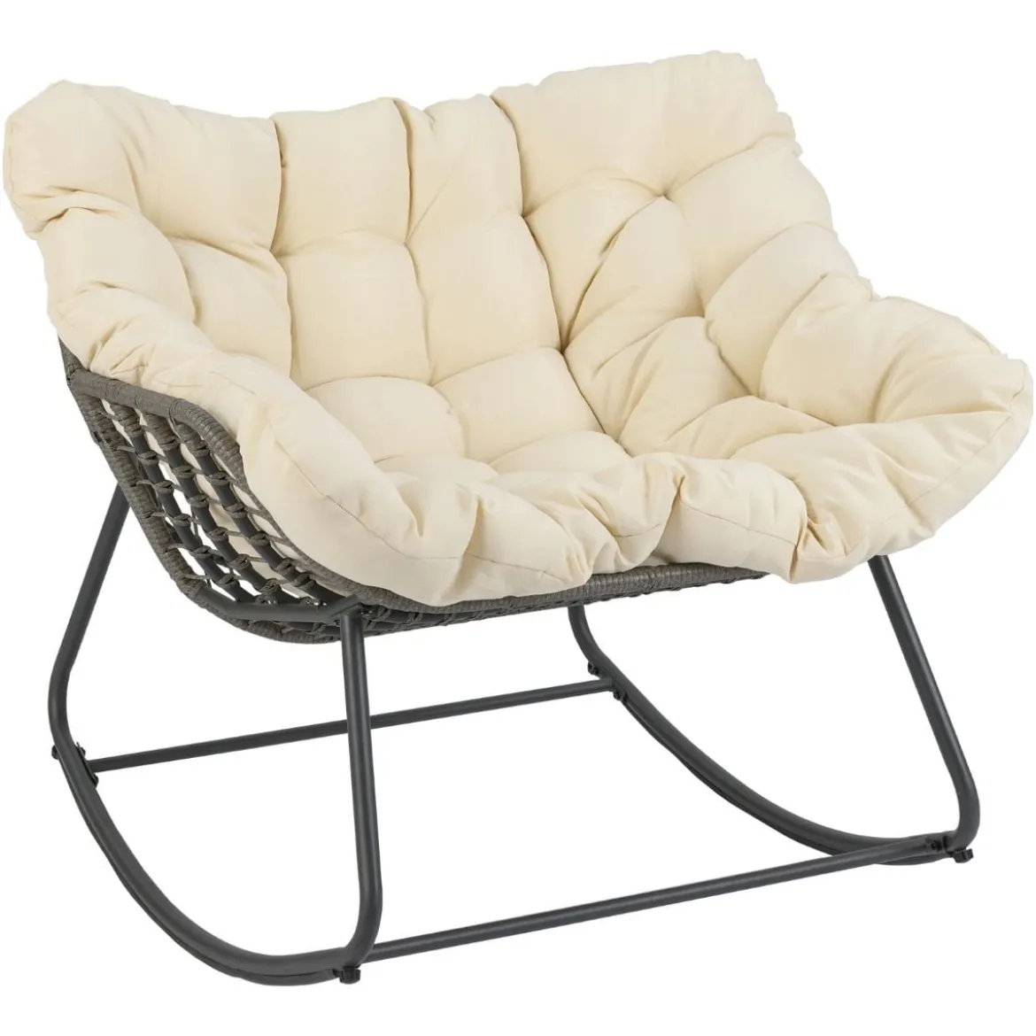 Outdoor-Schaukelstuhl übergroßer Patio PE Wicker Egg Chair mit dickem & abnehmbarem Kissen Beige