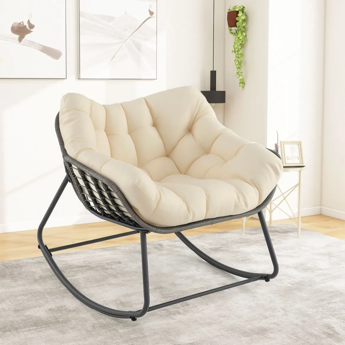 Outdoor-Schaukelstuhl übergroßer Patio PE Wicker Egg Chair mit dickem & abnehmbarem Kissen Beige