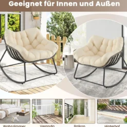 Outdoor-Schaukelstuhl übergroßer Patio PE Wicker Egg Chair mit dickem & abnehmbarem Kissen Beige