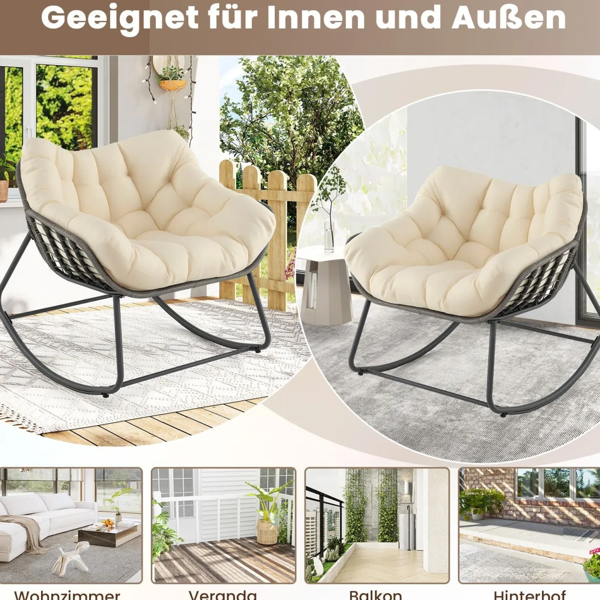 Outdoor-Schaukelstuhl übergroßer Patio PE Wicker Egg Chair mit dickem & abnehmbarem Kissen Beige