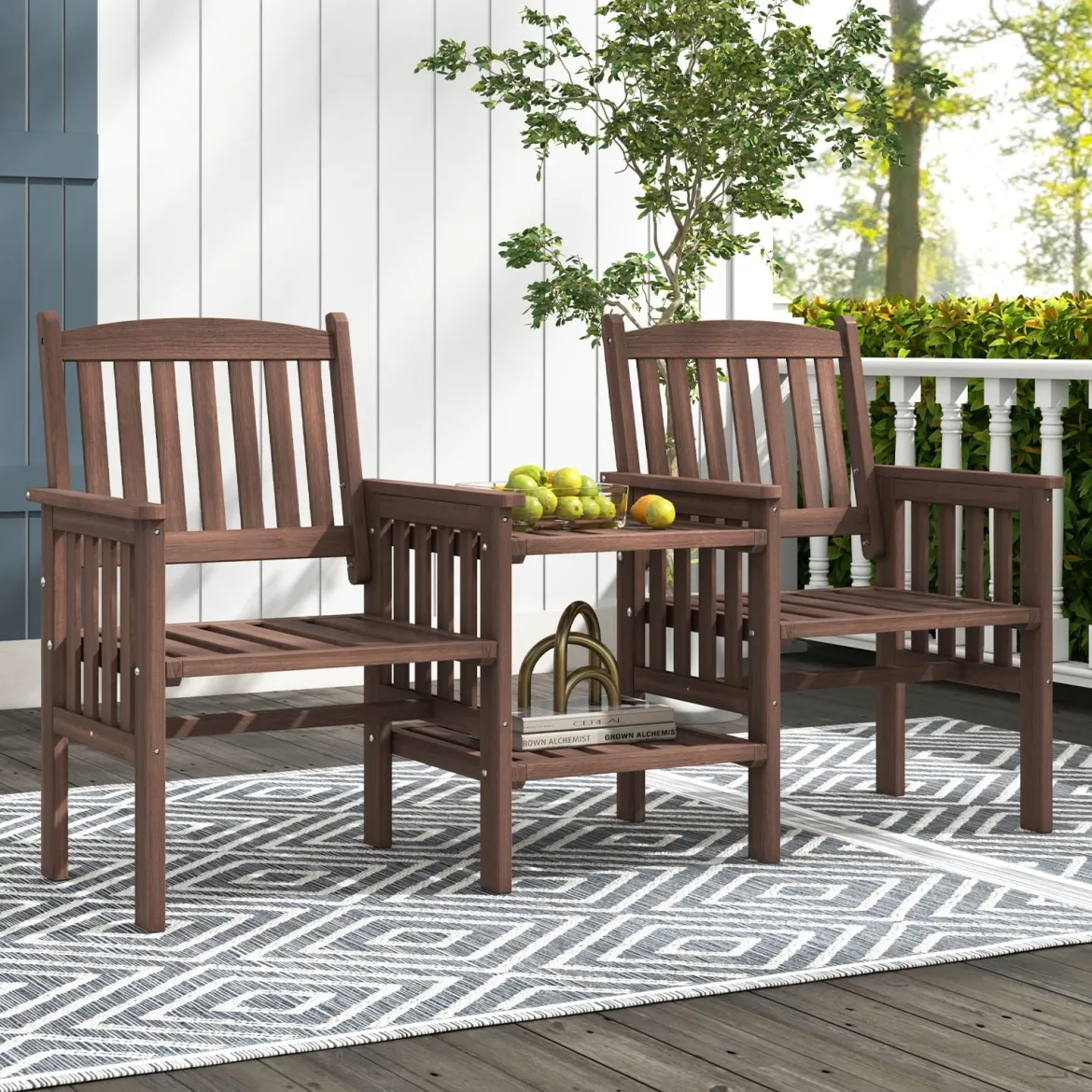 Outdoor-Sofa aus Tannenholz mit 2-stufigem Beistelltisch + 5 cm großem Schirmloch 2-Sitzer-Gartenstuhl Braun