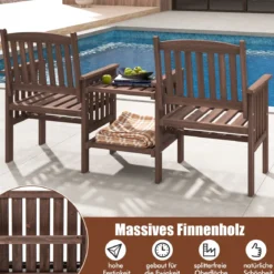 Outdoor-Sofa aus Tannenholz mit 2-stufigem Beistelltisch + 5 cm großem Schirmloch 2-Sitzer-Gartenstuhl Braun