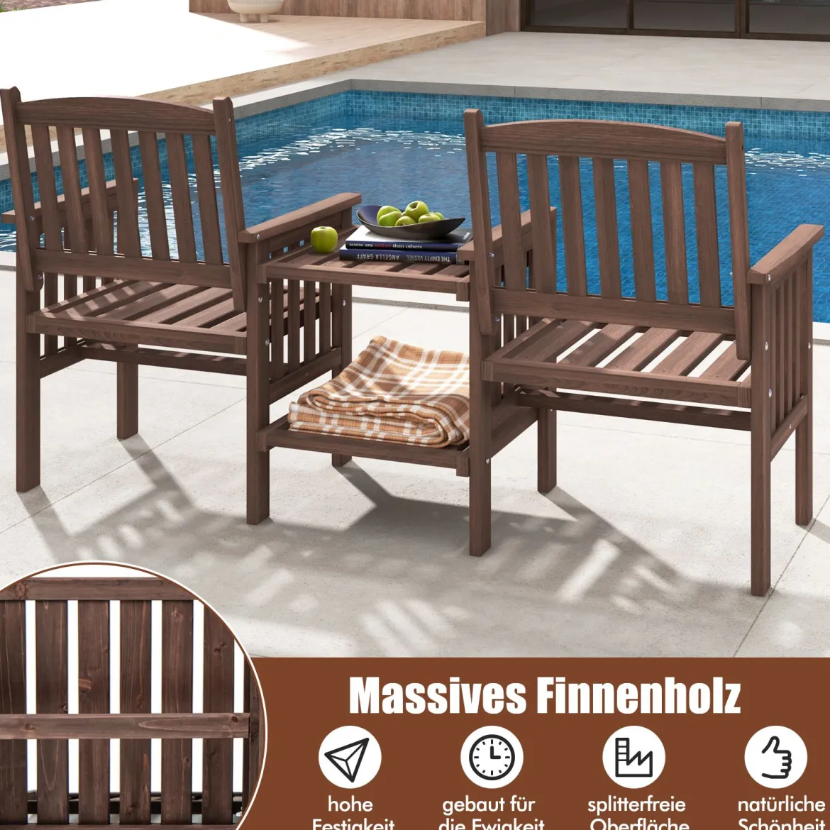 Outdoor-Sofa aus Tannenholz mit 2-stufigem Beistelltisch + 5 cm großem Schirmloch 2-Sitzer-Gartenstuhl Braun