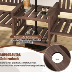 Outdoor-Sofa aus Tannenholz mit 2-stufigem Beistelltisch + 5 cm großem Schirmloch 2-Sitzer-Gartenstuhl Braun