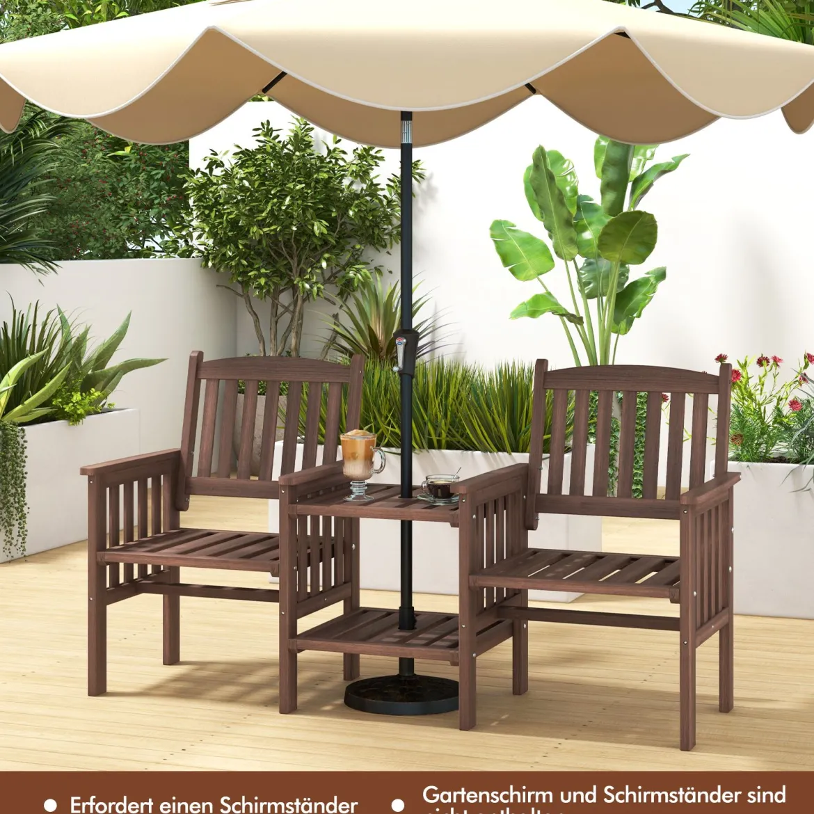 Outdoor-Sofa aus Tannenholz mit 2-stufigem Beistelltisch + 5 cm großem Schirmloch 2-Sitzer-Gartenstuhl Braun