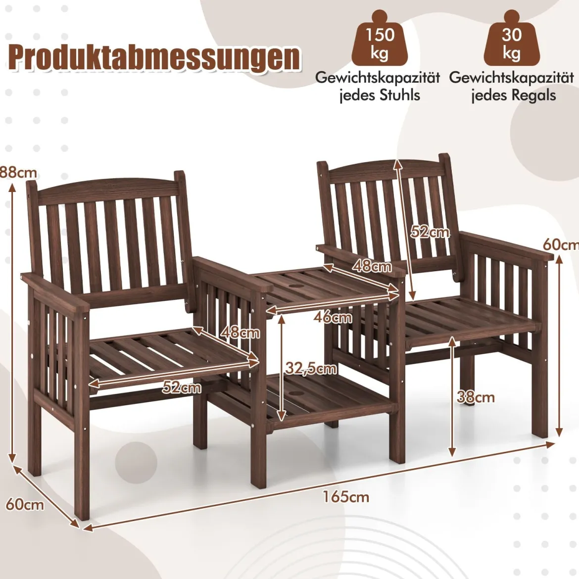 Outdoor-Sofa aus Tannenholz mit 2-stufigem Beistelltisch + 5 cm großem Schirmloch 2-Sitzer-Gartenstuhl Braun