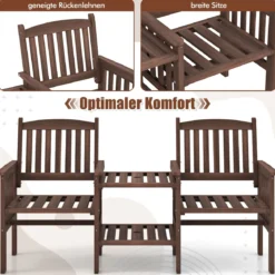 Outdoor-Sofa aus Tannenholz mit 2-stufigem Beistelltisch + 5 cm großem Schirmloch 2-Sitzer-Gartenstuhl Braun