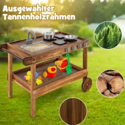 Outdoor-Spielküche mit 2 Rädern & 1 Schiebegriff & Drehbarem Wasserhahn & Abnehmbarem Waschbecken Tannenholz
