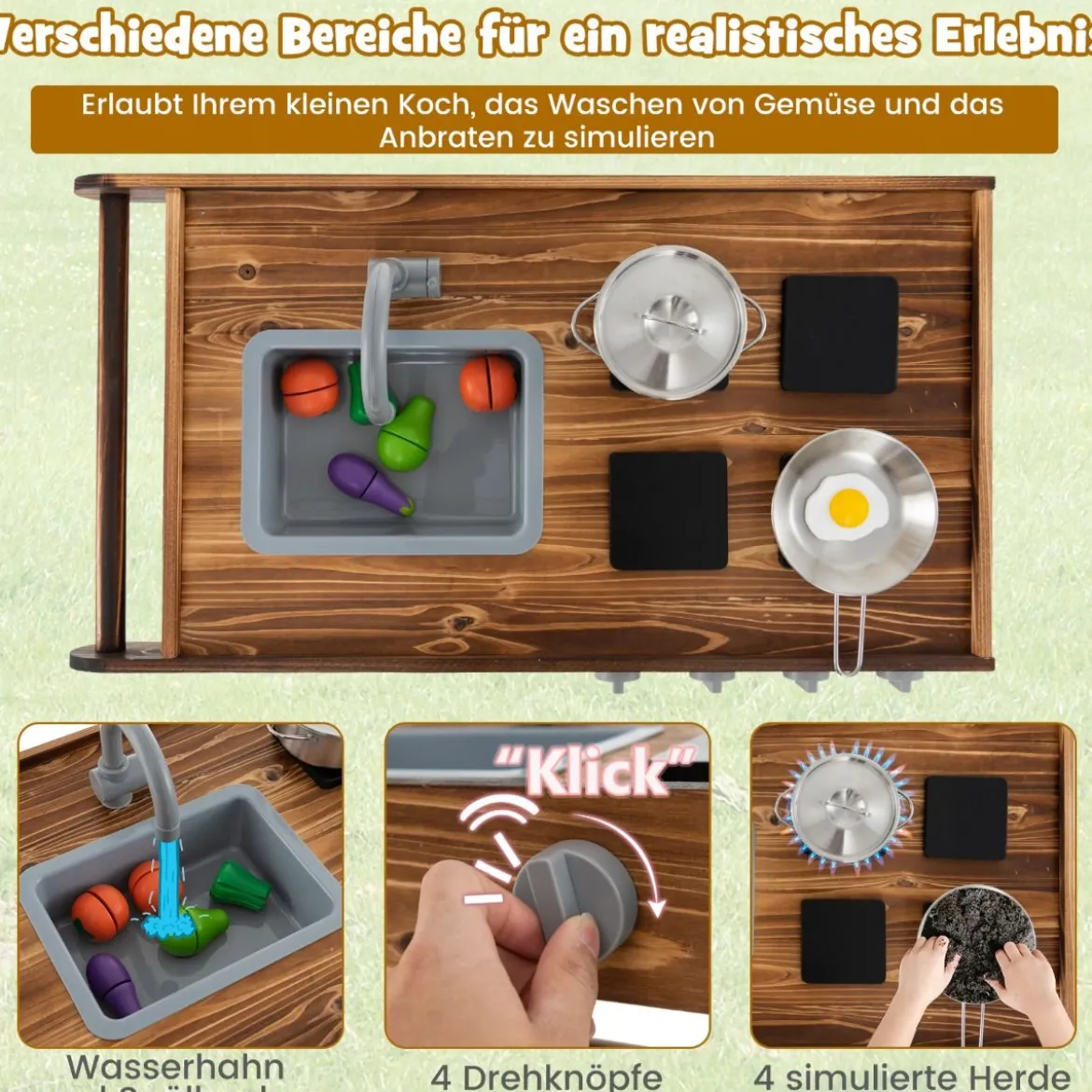 Outdoor-Spielküche mit 2 Rädern & 1 Schiebegriff & Drehbarem Wasserhahn & Abnehmbarem Waschbecken Tannenholz