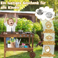 Outdoor-Spielküche mit 2 Rädern & 1 Schiebegriff & Drehbarem Wasserhahn & Abnehmbarem Waschbecken Tannenholz