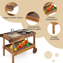 Outdoor-Spielküche mit 2 Rädern & 1 Schiebegriff & Drehbarem Wasserhahn & Abnehmbarem Waschbecken Tannenholz