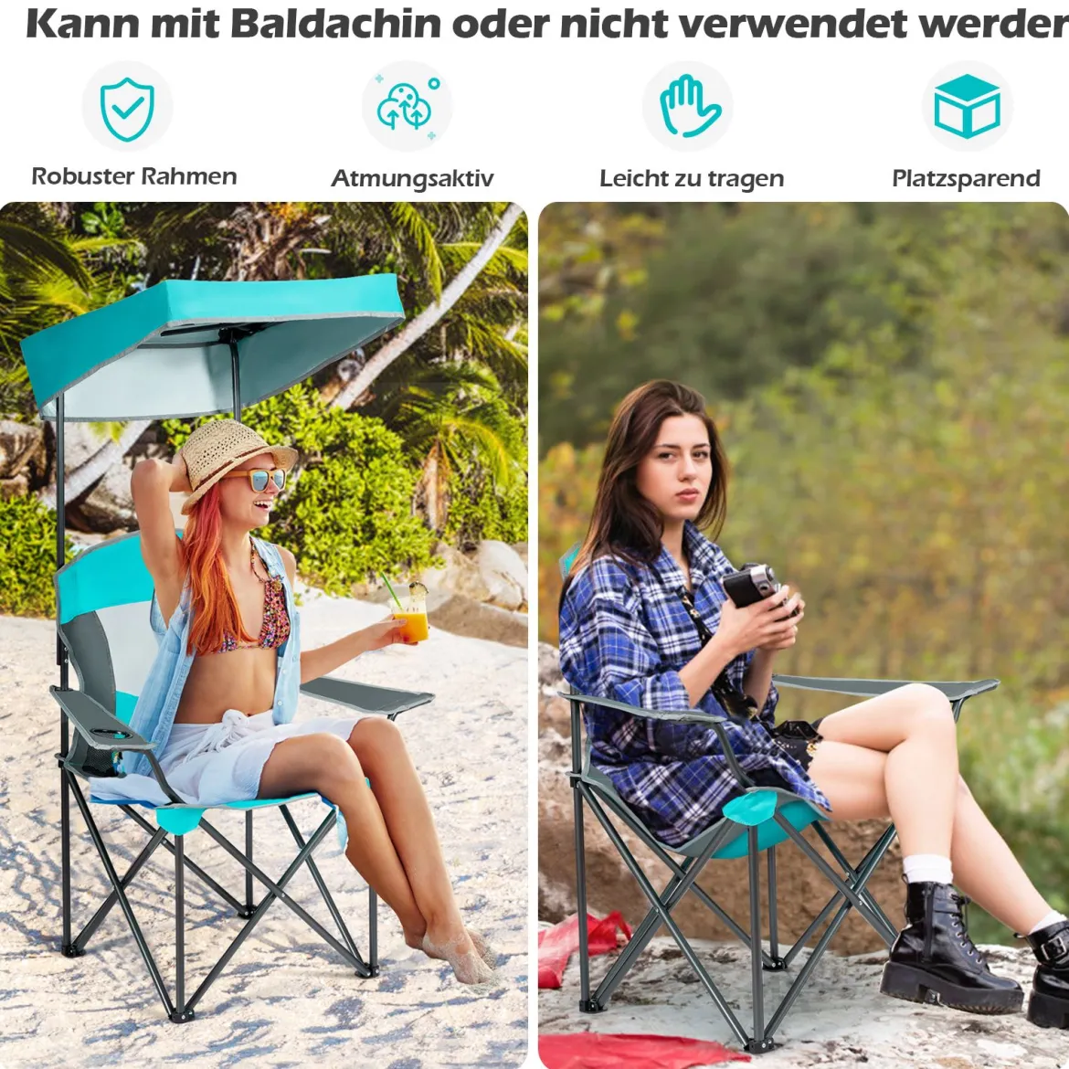 Outdoor-Stuhl mit Sonnenschirm Robuster Campingstuhl mit Sonnendach 90 x 72 x 150 cm Türkis