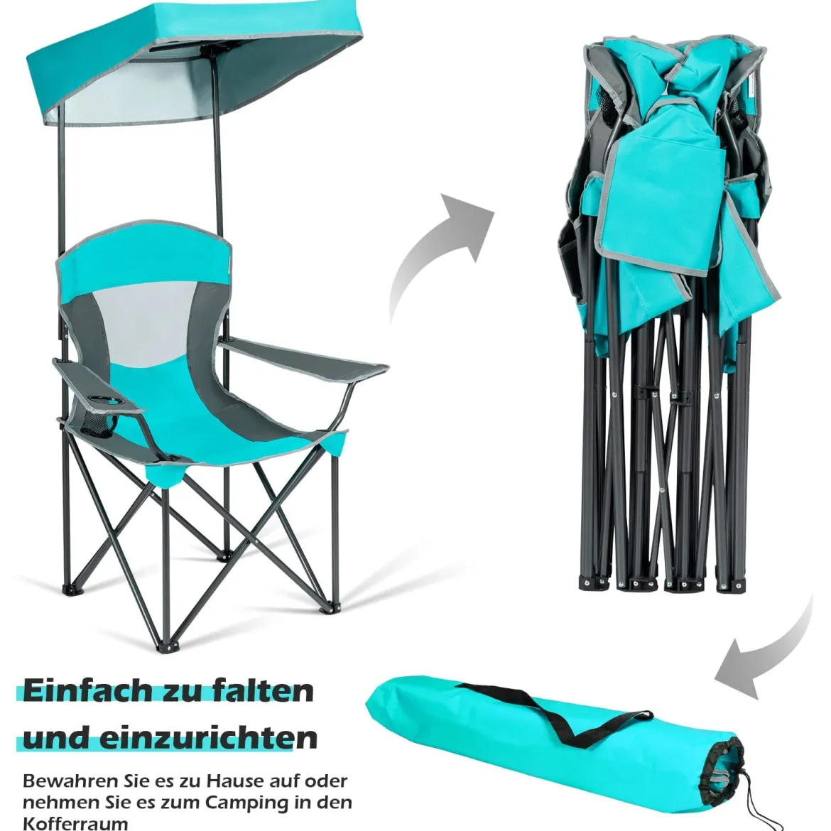 Outdoor-Stuhl mit Sonnenschirm Robuster Campingstuhl mit Sonnendach 90 x 72 x 150 cm Türkis
