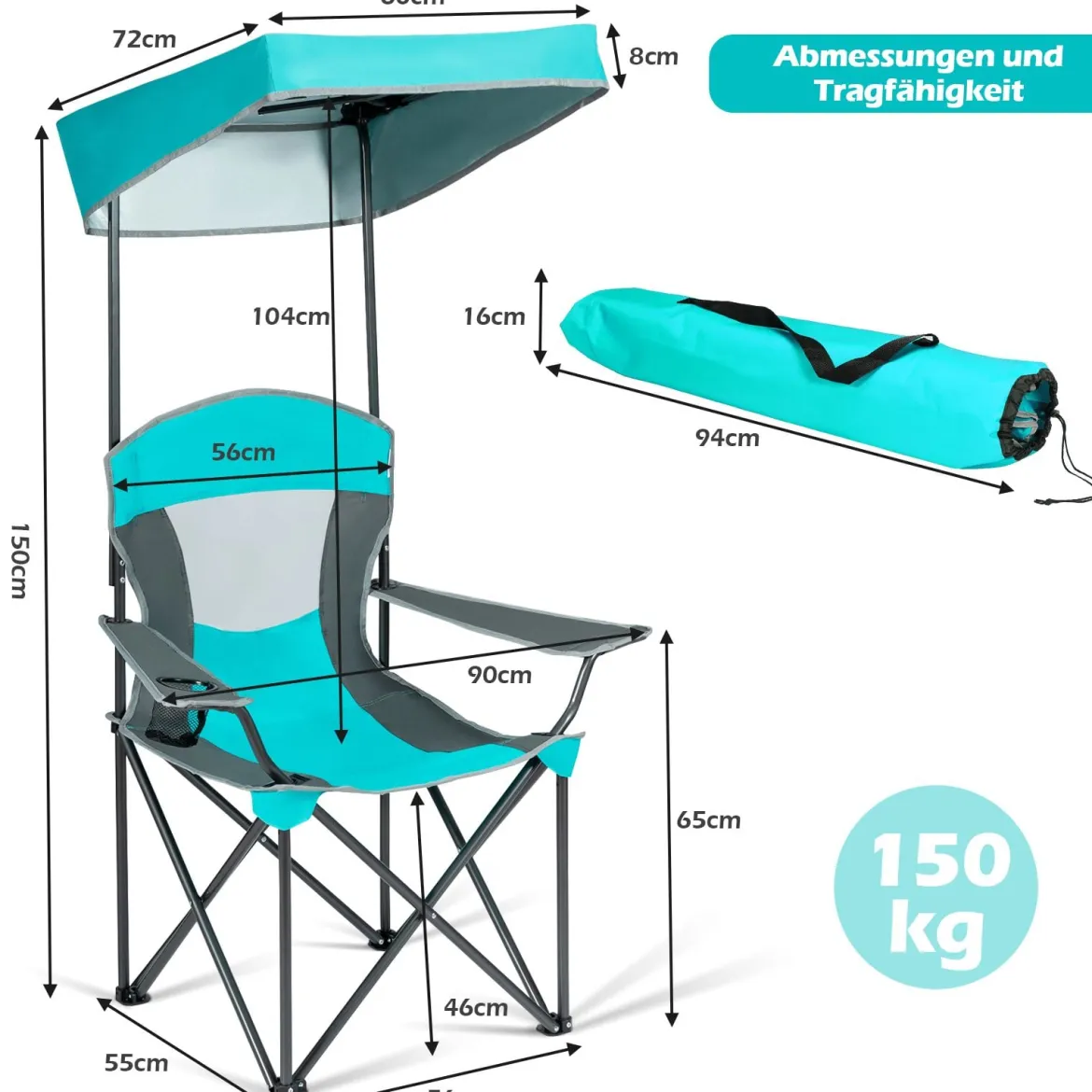 Outdoor-Stuhl mit Sonnenschirm Robuster Campingstuhl mit Sonnendach 90 x 72 x 150 cm Türkis
