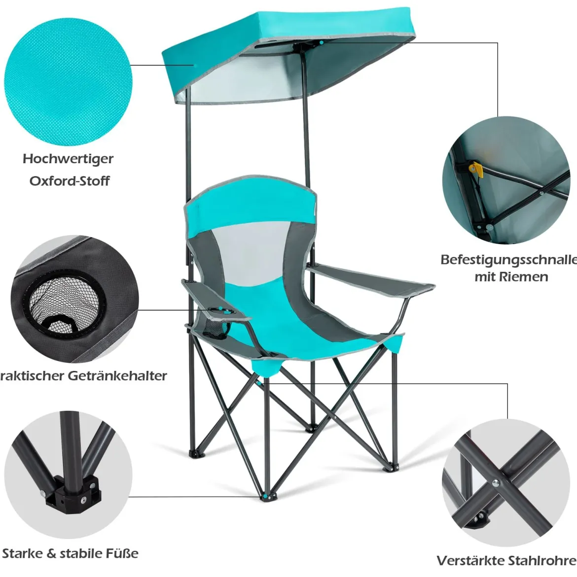 Outdoor-Stuhl mit Sonnenschirm Robuster Campingstuhl mit Sonnendach 90 x 72 x 150 cm Türkis