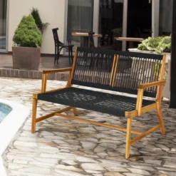 Outdoor Terrassenbank Akazienholz-Bank Gartenbank Holz2 Sitzer 118 x 75 x 71 cm Schwarz + Natur