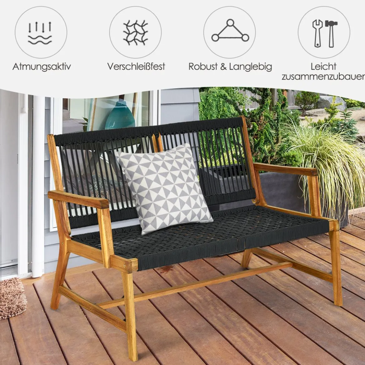 Outdoor Terrassenbank Akazienholz-Bank Gartenbank Holz2 Sitzer 118 x 75 x 71 cm Schwarz + Natur