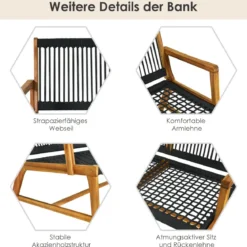 Outdoor Terrassenbank Akazienholz-Bank Gartenbank Holz2 Sitzer 118 x 75 x 71 cm Schwarz + Natur