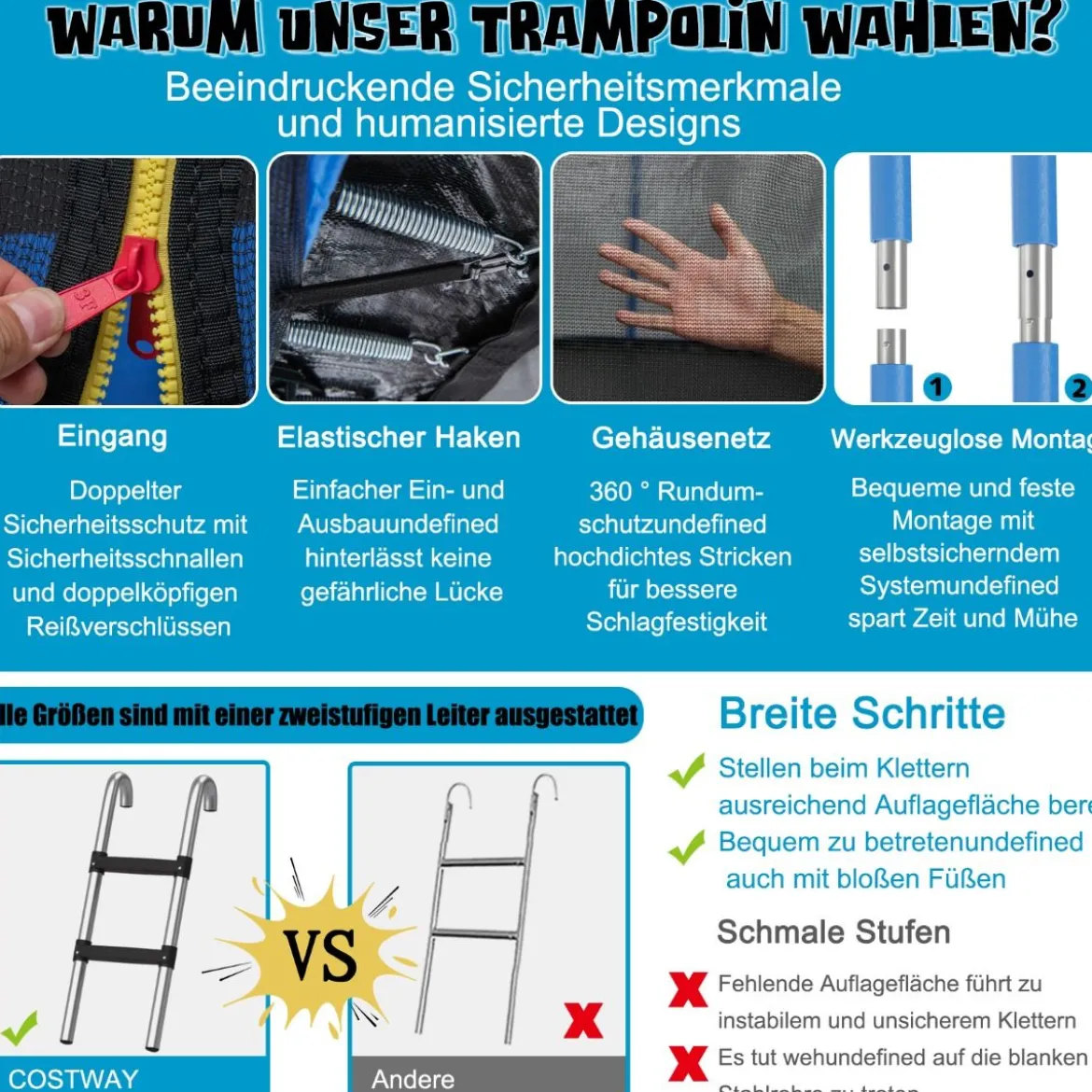 Outdoor-Trampolin Durchmesser 366 cm Gartentrampolin Schwarz + Blau