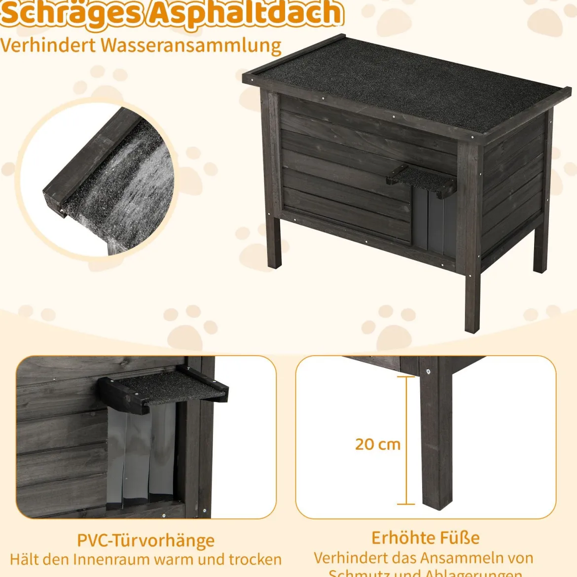 Outdoor Winterfestes Katzenhaus Holz Katzenhütte Katzenhöhle mit Schaumisolierung & Dach Schwarz
