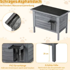 Outdoor Winterfestes Katzenhaus Holz Katzenhütte Katzenhöhle mit Schaumisolierung & Dach Grau