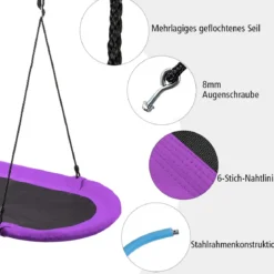 Ovale Nestschaukel Tellerschaukel mit 100-160cm höhenverstellbarem Seil für Kinder & Erwachsene Lila
