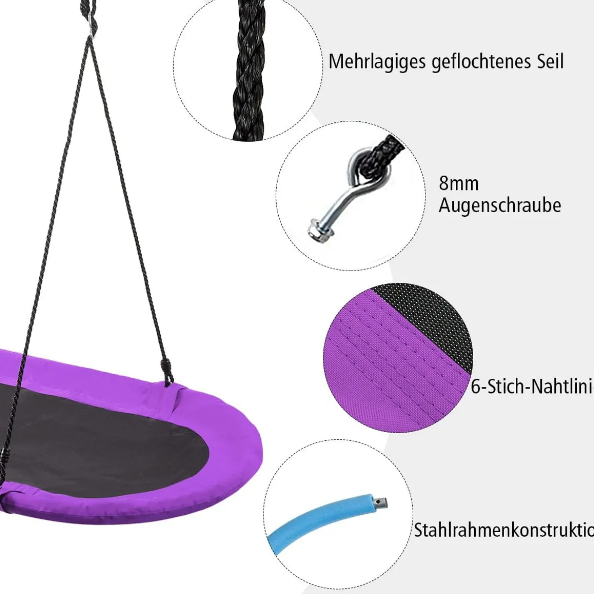 Ovale Nestschaukel Tellerschaukel mit 100-160cm höhenverstellbarem Seil für Kinder & Erwachsene Lila
