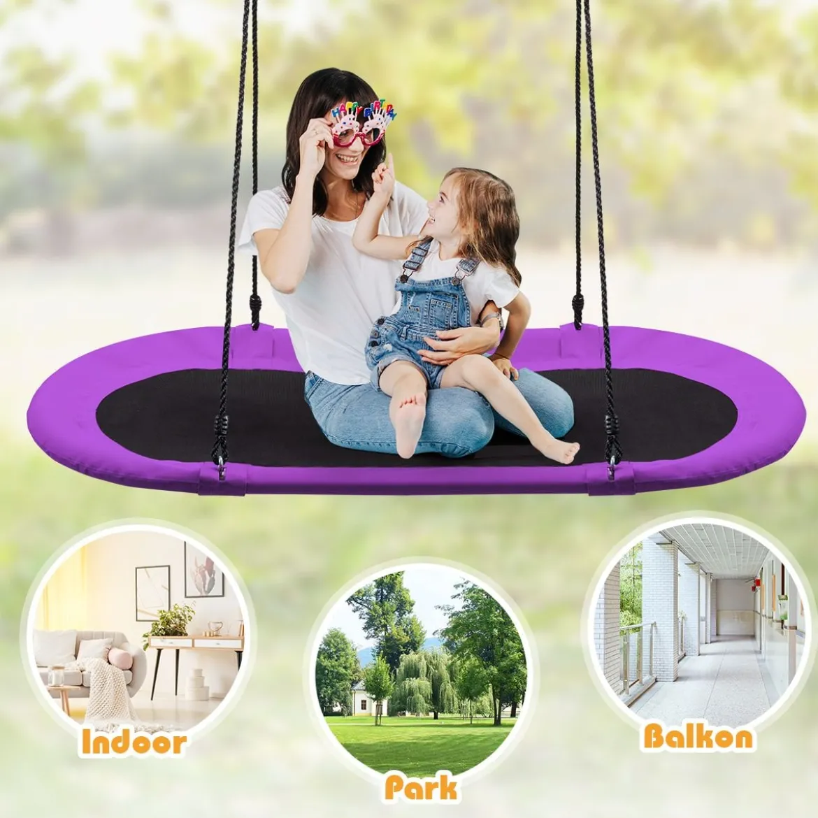Ovale Nestschaukel Tellerschaukel mit 100-160cm höhenverstellbarem Seil für Kinder & Erwachsene Lila
