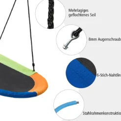 Ovale Nestschaukel Tellerschaukel mit 100-180cm höhenverstellbarem Seil für Indoor und Outdoor 150 x 80 cm Bunt