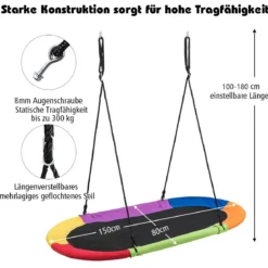 Ovale Nestschaukel Tellerschaukel mit 100-180cm höhenverstellbarem Seil für Indoor und Outdoor 150 x 80 cm Bunt