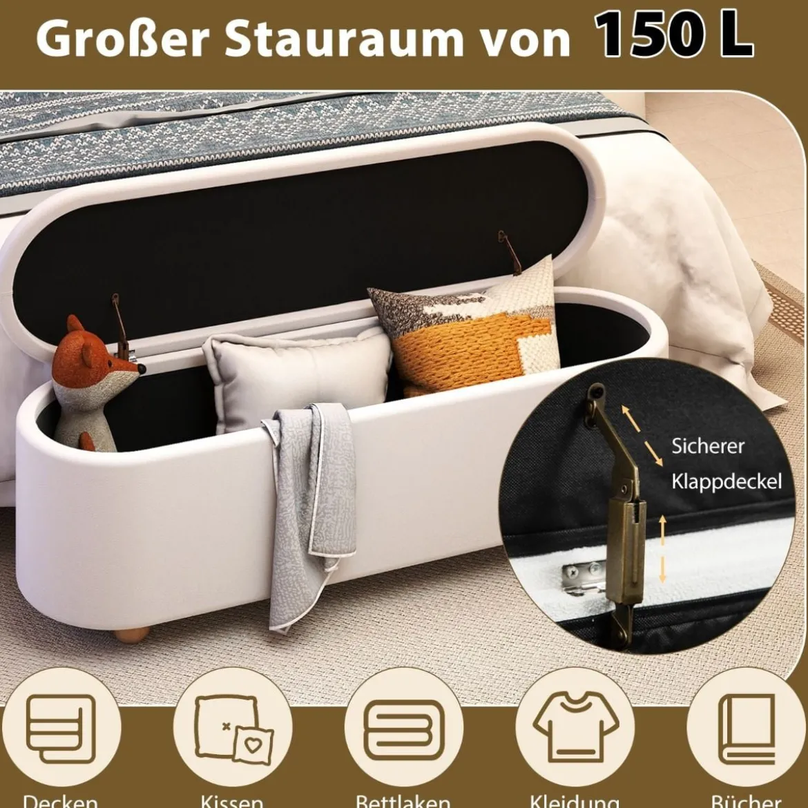 Ovaler Aufbewahrungsbank mit Klappdecke Gepolsterter Ottoman-Hocker Sitzbank 139cm lang