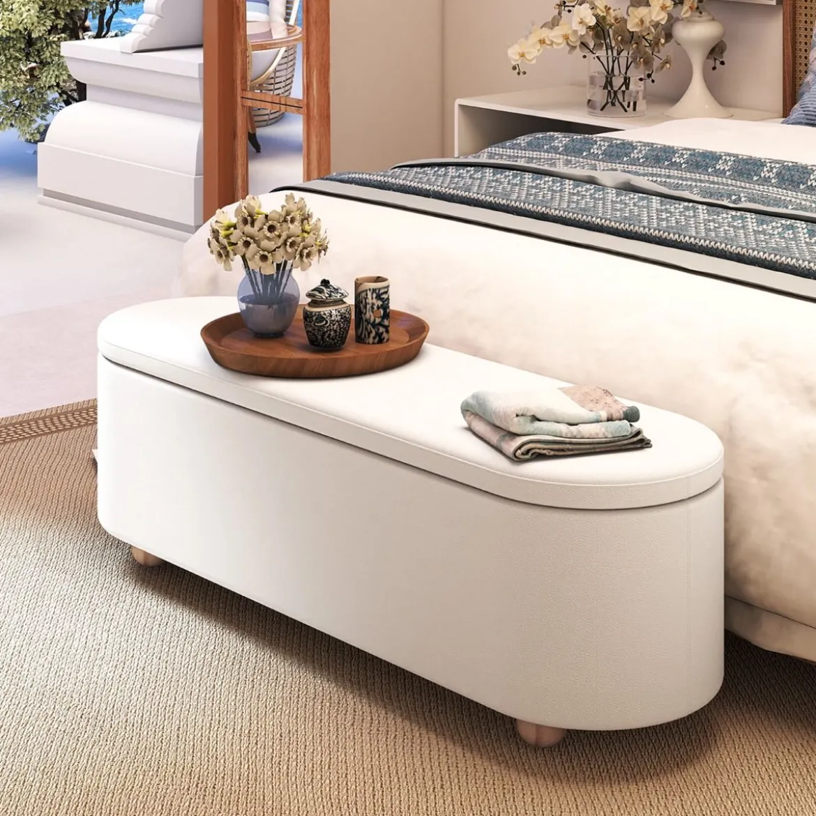 Ovaler Aufbewahrungsbank mit Klappdecke Gepolsterter Ottoman-Hocker Sitzbank 139cm lang