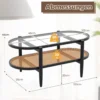 Ovaler Couchtisch Beistelltisch mit Glas Tischplatte & Rattan Ablage 102 x 56 x 47 cm Schwarz + Natur