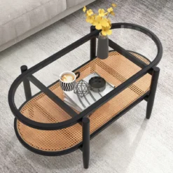 Ovaler Couchtisch Beistelltisch mit Glas Tischplatte & Rattan Ablage 102 x 56 x 47 cm Schwarz + Natur